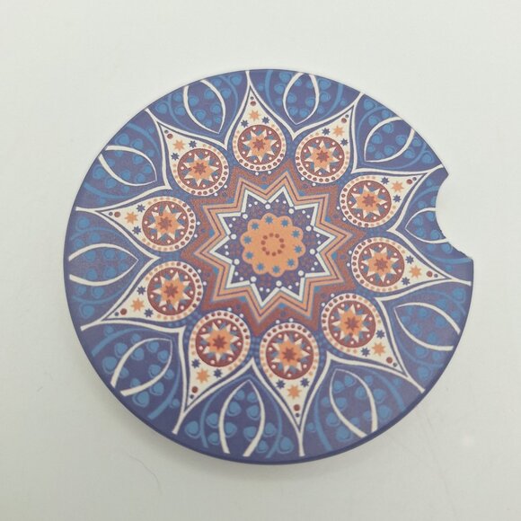 Ceramic Car Coasters Mandala Design Cork Backing 2.75 Inch Diameter Cup Holders - Picture 4 of 6